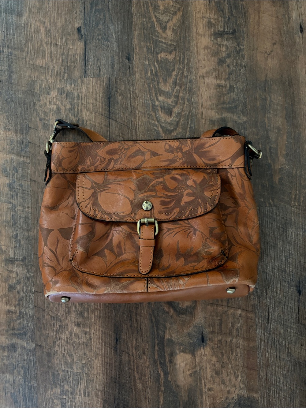 Patricia Nash Tan Brown Floral-Embossed Leather Shoulder Bag